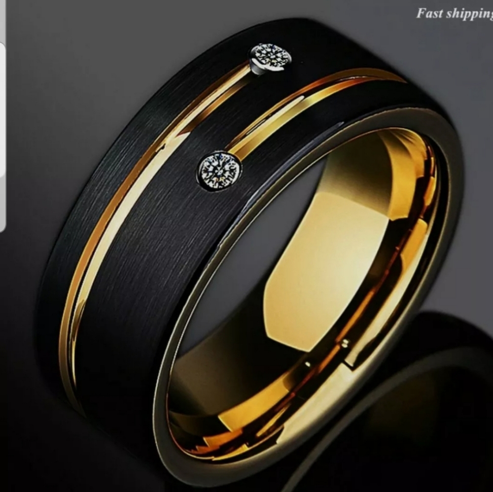 8mm Black Brushed Tungsten Ring Gold Grooved Line